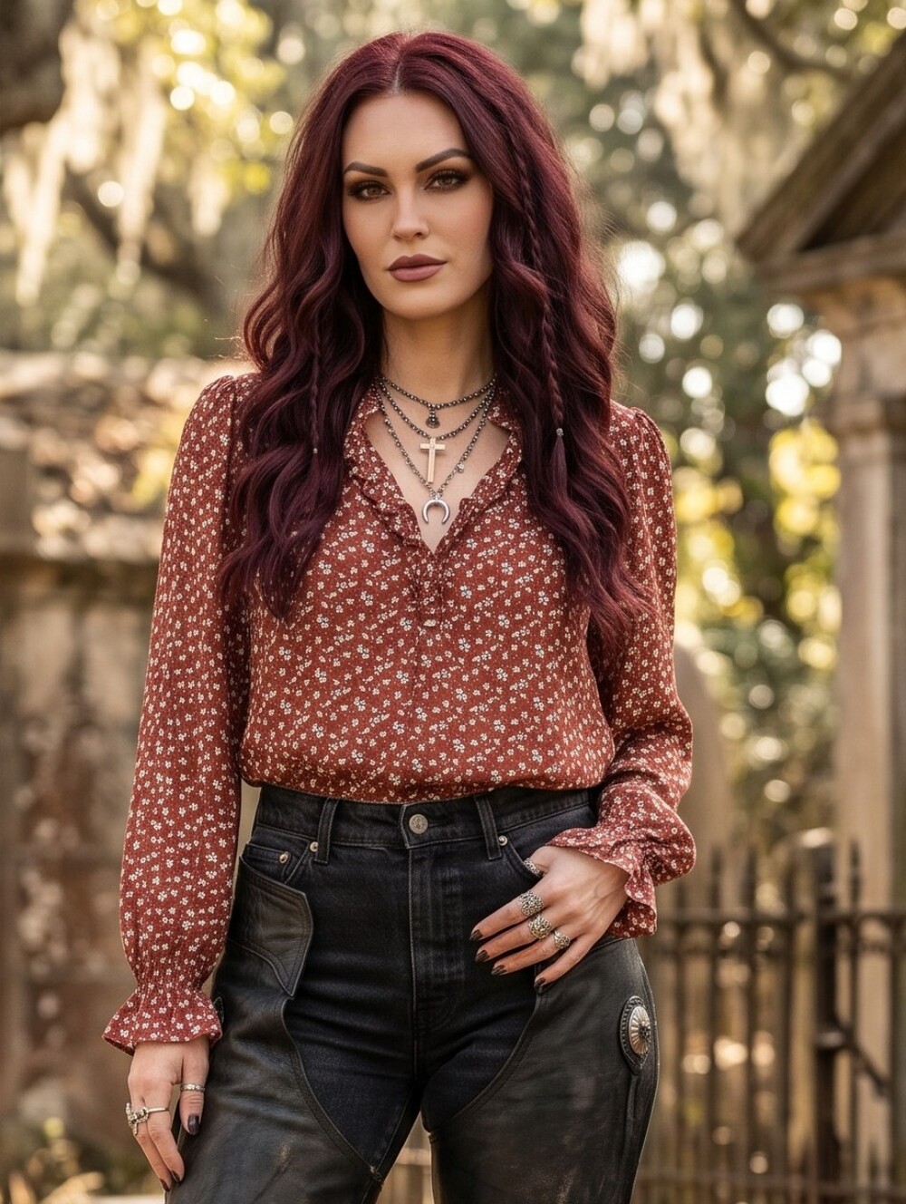 Pleione Rust Floral Ruffle Neck Blouse Boho Western Gothic Fall